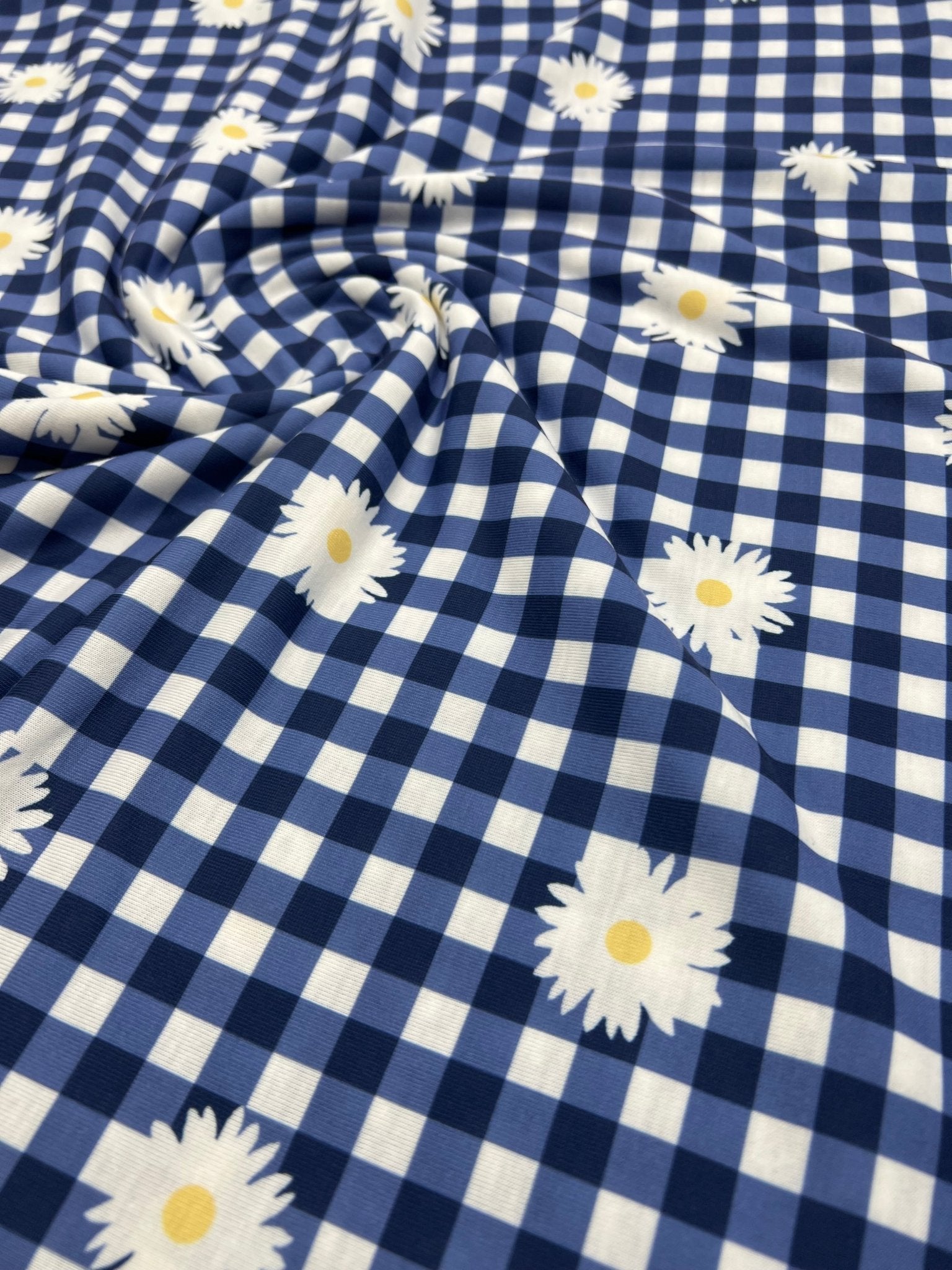 Blue Gingham Daisy Print Soft Spun Poly Stretch Fabric - T9 Fabrics
